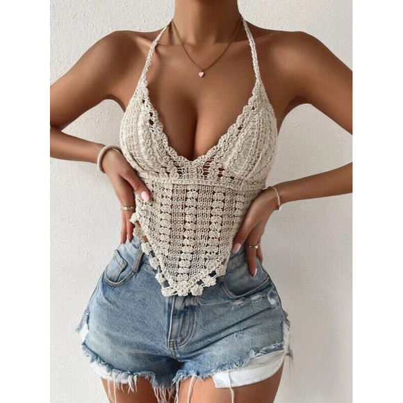 Tops - Hollow Out Bandana Hem Tie Backless Halter Tankini Top